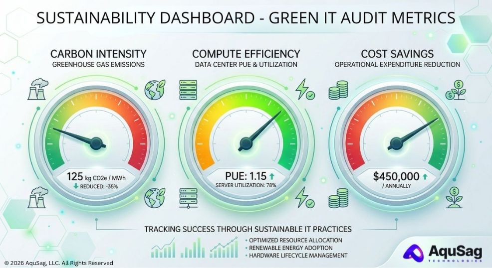 Green IT Audits, Sustainable Software Engineering, Carbon-Aware Computing, Cloud Infrastructure Optimization, Green Cloud Computing 2026, ESG for Tech, AquSag Technologies 