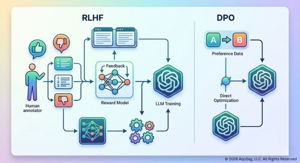 RLHF vs DPO, LLM fine-tuning, Reinforcement Learning from Human Feedback, Direct Preference Optimization, domain-specific LLM, AI model alignment, AquSag Technologies