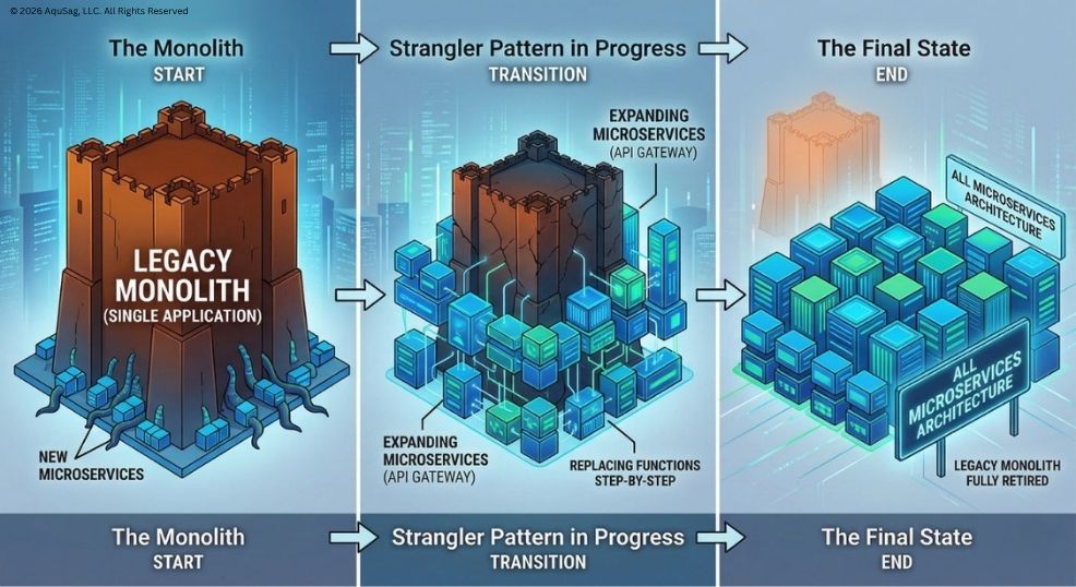 Legacy System Modernization, API-First Microservices, Strangler Fig Pattern, Software Refactoring 2026, Microservices Architecture, Digital Transformation Strategy, AquSag Technologies
